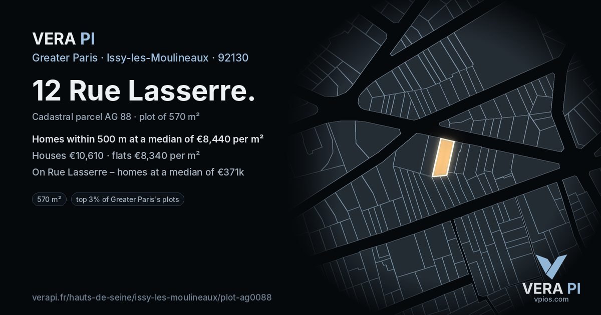 12 Rue Lasserre, Issy-les-Moulineaux at night – the plot lit, the parcels around coloured by the prices near them