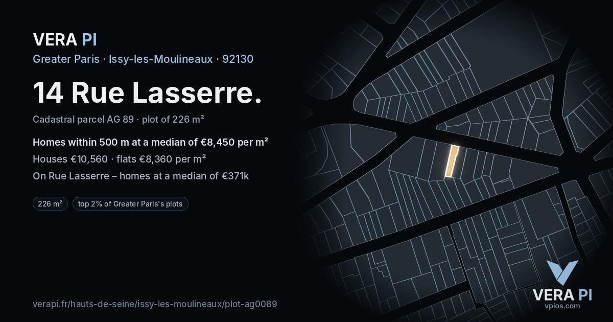 14 Rue Lasserre, Issy-les-Moulineaux at night – the plot lit, the parcels around coloured by the prices near them