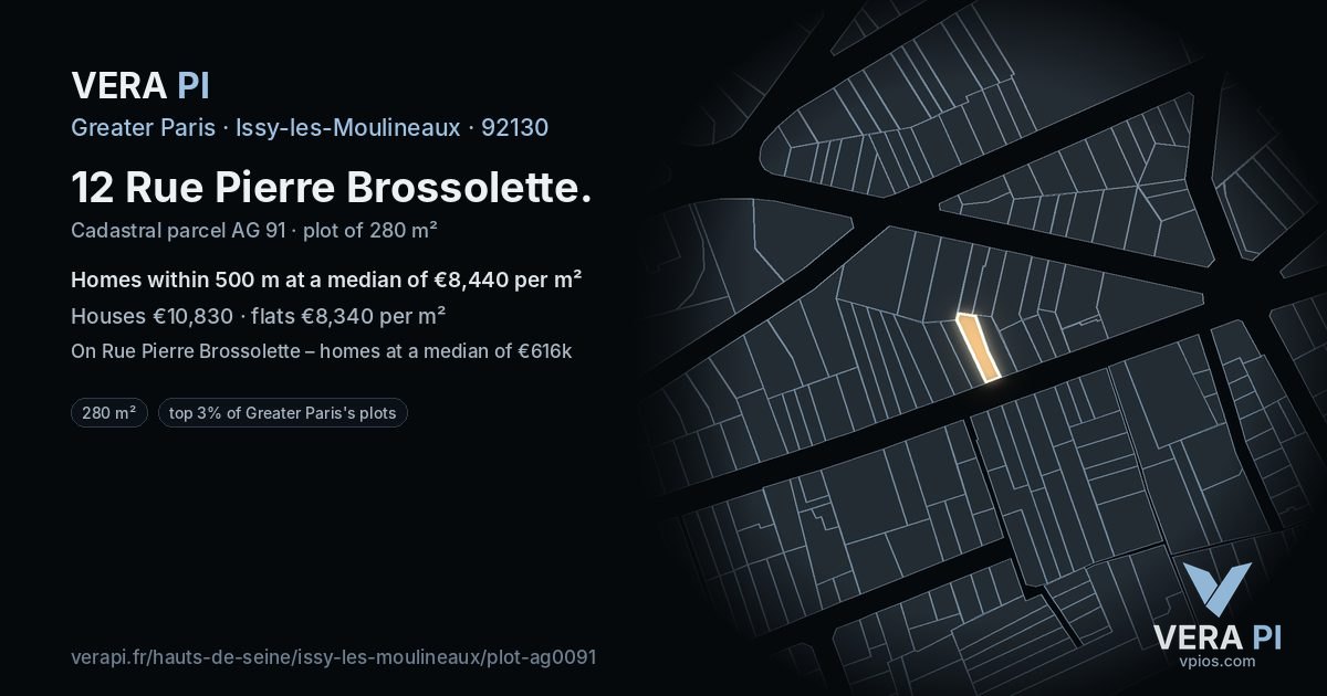 12 Rue Pierre Brossolette, Issy-les-Moulineaux at night – the plot lit, the parcels around coloured by the prices near them