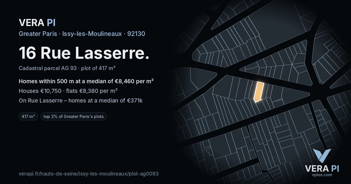 16 Rue Lasserre, Issy-les-Moulineaux at night – the plot lit, the parcels around coloured by the prices near them
