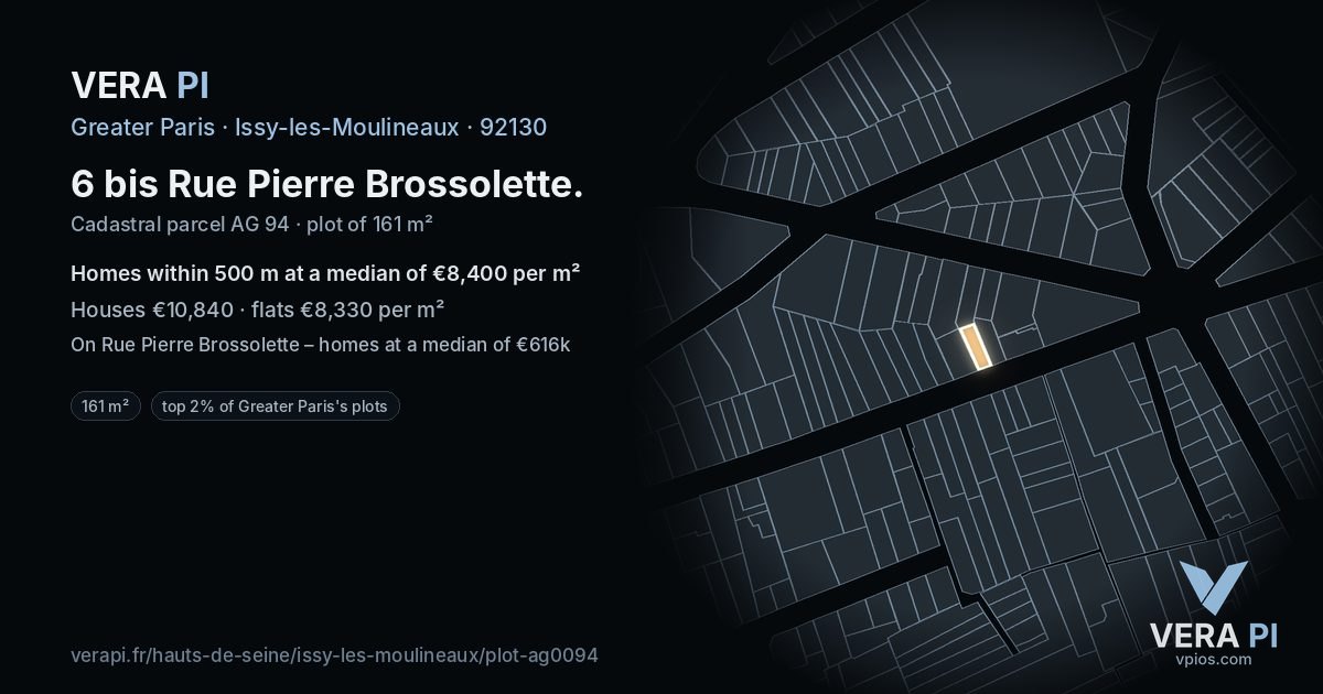 6 bis Rue Pierre Brossolette, Issy-les-Moulineaux at night – the plot lit, the parcels around coloured by the prices near them