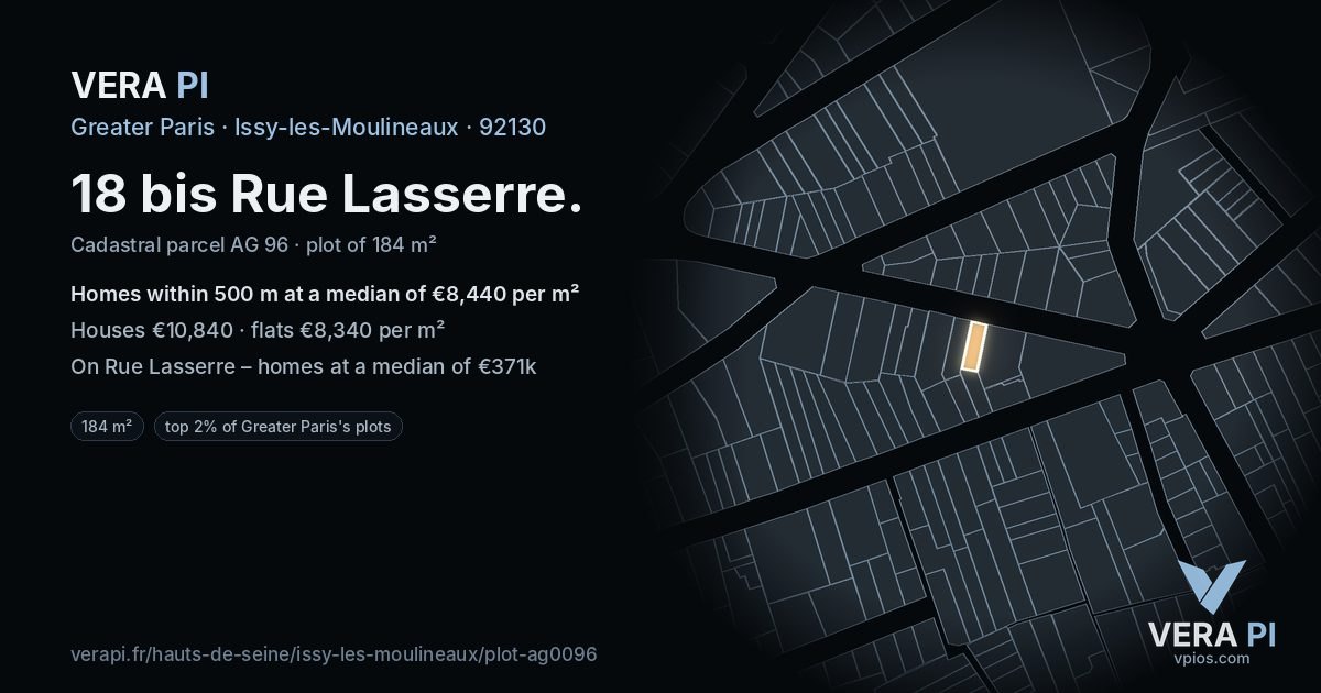 18 bis Rue Lasserre, Issy-les-Moulineaux at night – the plot lit, the parcels around coloured by the prices near them