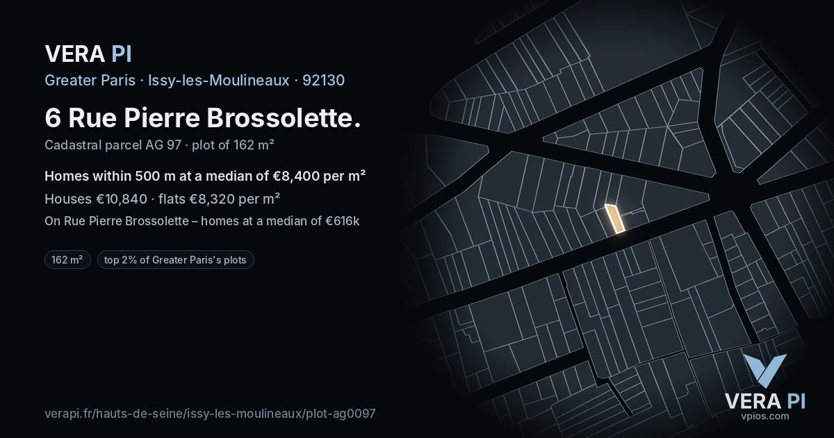 6 Rue Pierre Brossolette, Issy-les-Moulineaux at night – the plot lit, the parcels around coloured by the prices near them