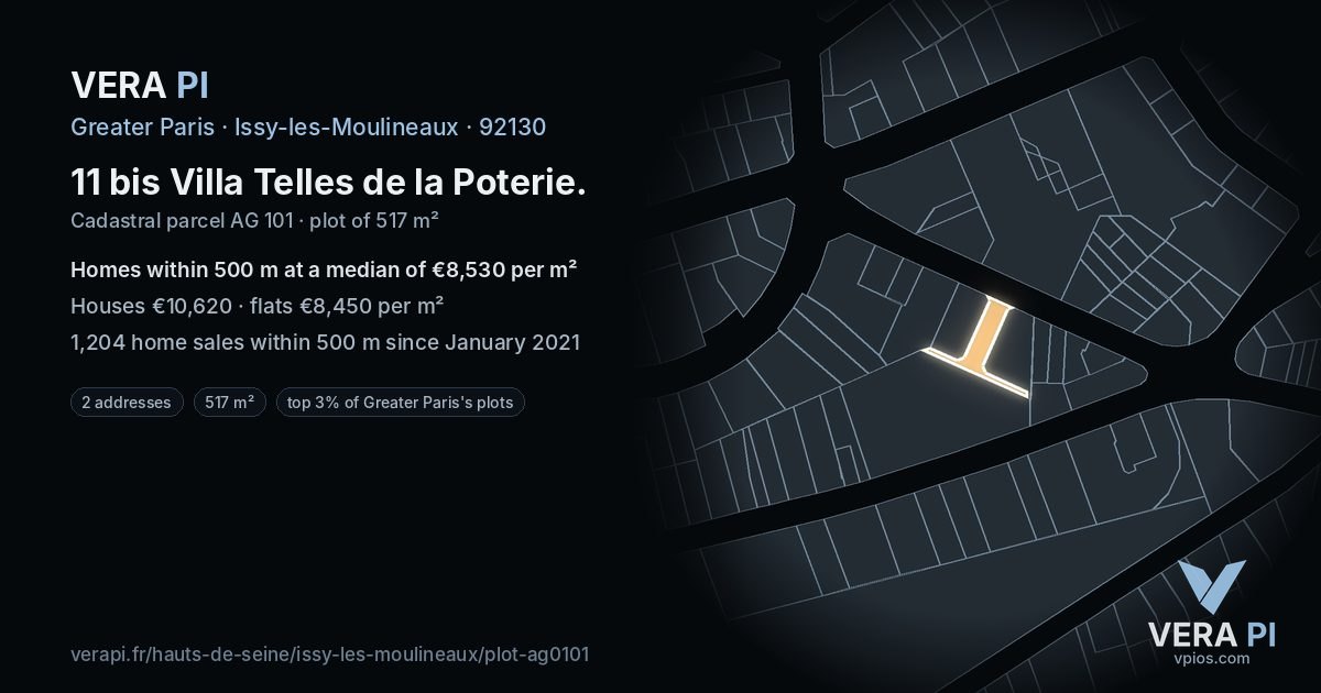 11 bis Villa Telles de la Poterie, Issy-les-Moulineaux at night – the plot lit, the parcels around coloured by the prices near them