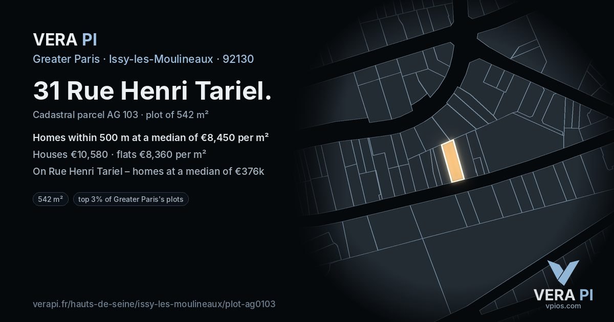 31 Rue Henri Tariel, Issy-les-Moulineaux at night – the plot lit, the parcels around coloured by the prices near them