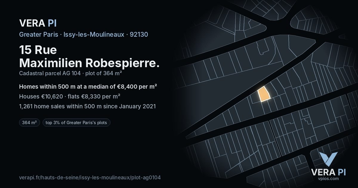 15 Rue Maximilien Robespierre, Issy-les-Moulineaux at night – the plot lit, the parcels around coloured by the prices near them