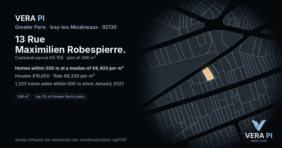 13 Rue Maximilien Robespierre, Issy-les-Moulineaux at night – the plot lit, the parcels around coloured by the prices near them