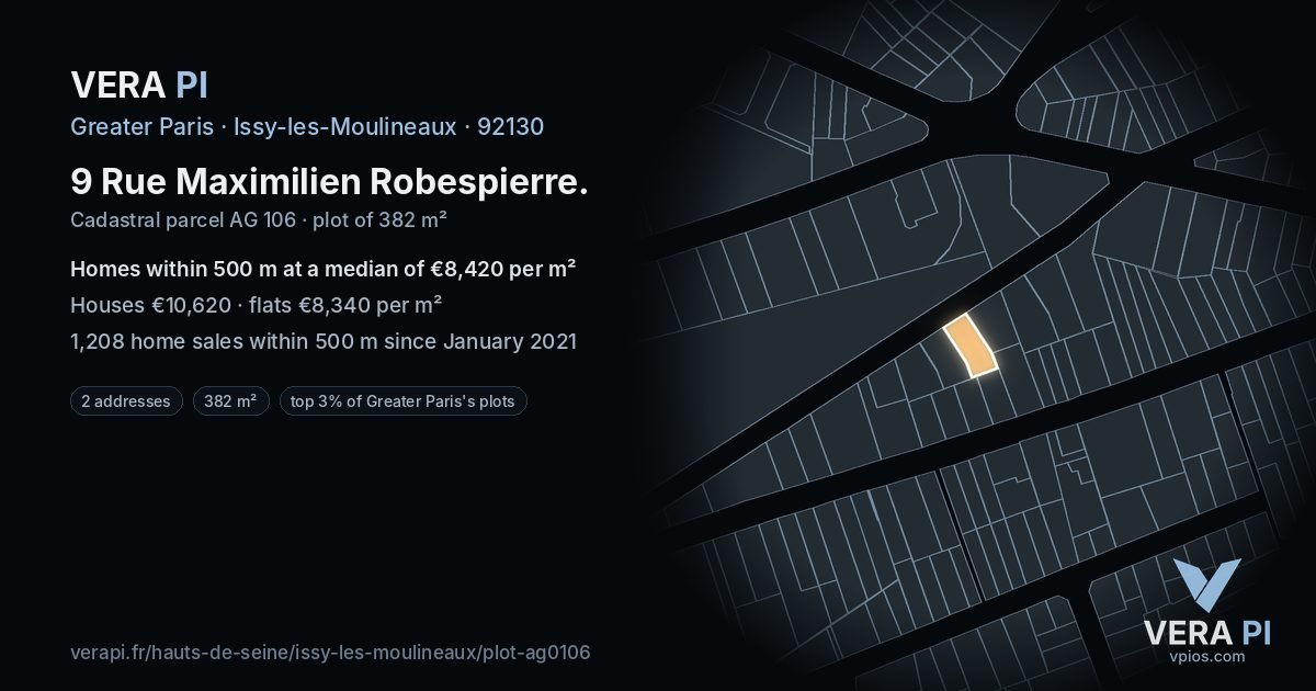 9 Rue Maximilien Robespierre, Issy-les-Moulineaux at night – the plot lit, the parcels around coloured by the prices near them