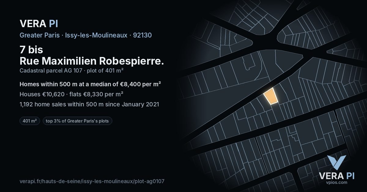 7 bis Rue Maximilien Robespierre, Issy-les-Moulineaux at night – the plot lit, the parcels around coloured by the prices near them