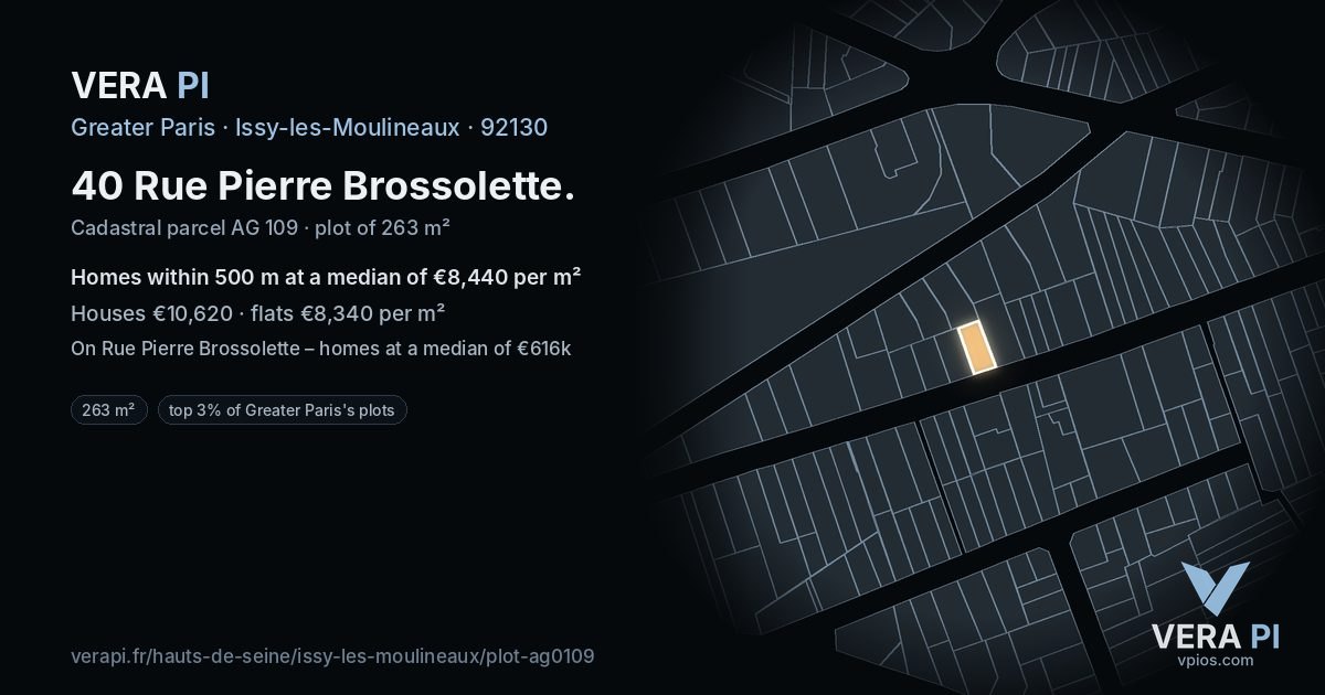 40 Rue Pierre Brossolette, Issy-les-Moulineaux at night – the plot lit, the parcels around coloured by the prices near them
