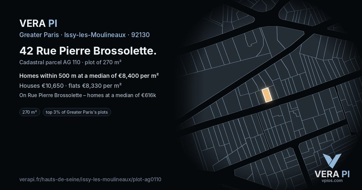 42 Rue Pierre Brossolette, Issy-les-Moulineaux at night – the plot lit, the parcels around coloured by the prices near them