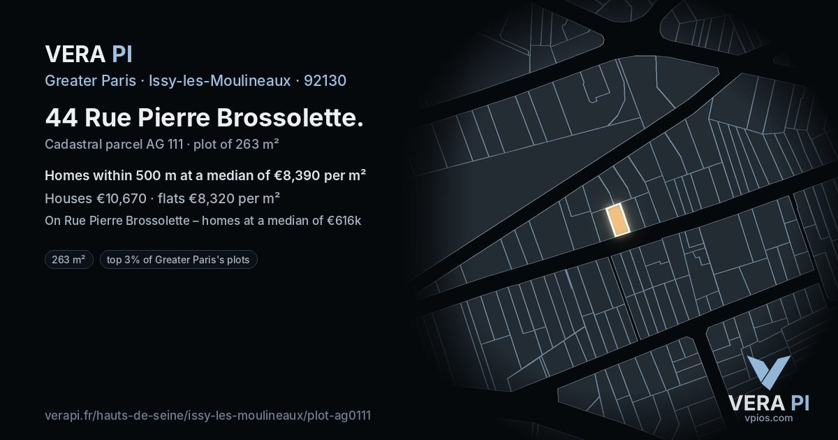 44 Rue Pierre Brossolette, Issy-les-Moulineaux at night – the plot lit, the parcels around coloured by the prices near them