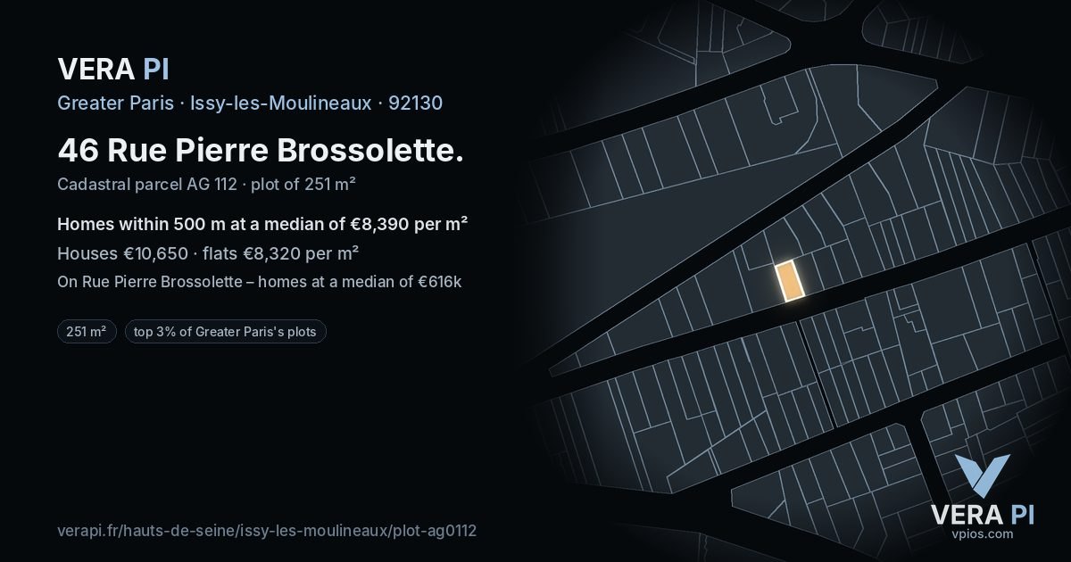46 Rue Pierre Brossolette, Issy-les-Moulineaux at night – the plot lit, the parcels around coloured by the prices near them