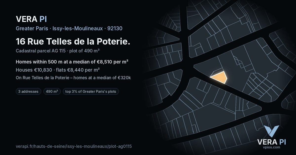 16 Rue Telles de la Poterie, Issy-les-Moulineaux at night – the plot lit, the parcels around coloured by the prices near them