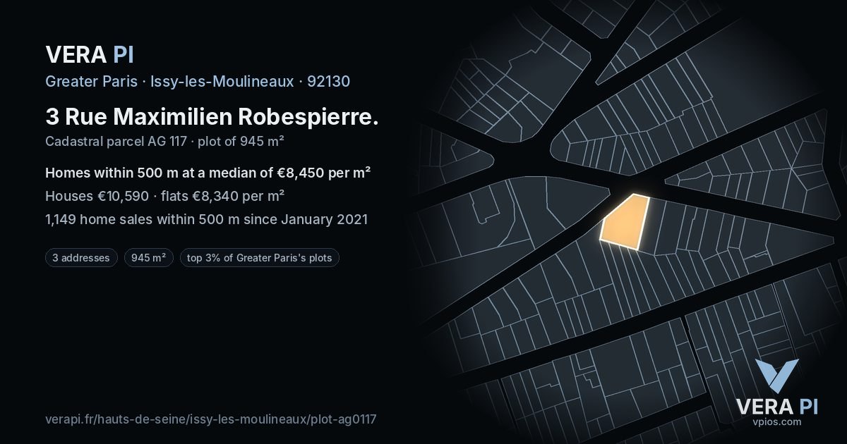 3 Rue Maximilien Robespierre, Issy-les-Moulineaux at night – the plot lit, the parcels around coloured by the prices near them
