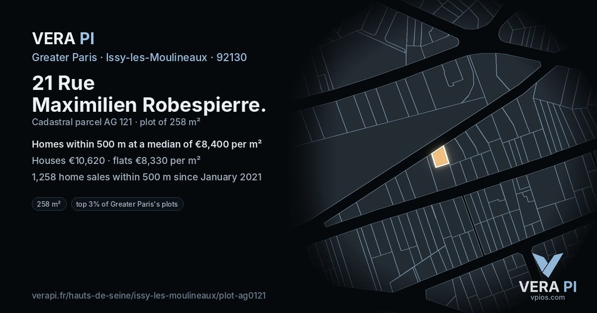 21 Rue Maximilien Robespierre, Issy-les-Moulineaux at night – the plot lit, the parcels around coloured by the prices near them