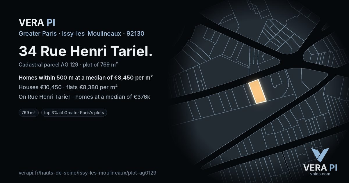 34 Rue Henri Tariel, Issy-les-Moulineaux at night – the plot lit, the parcels around coloured by the prices near them