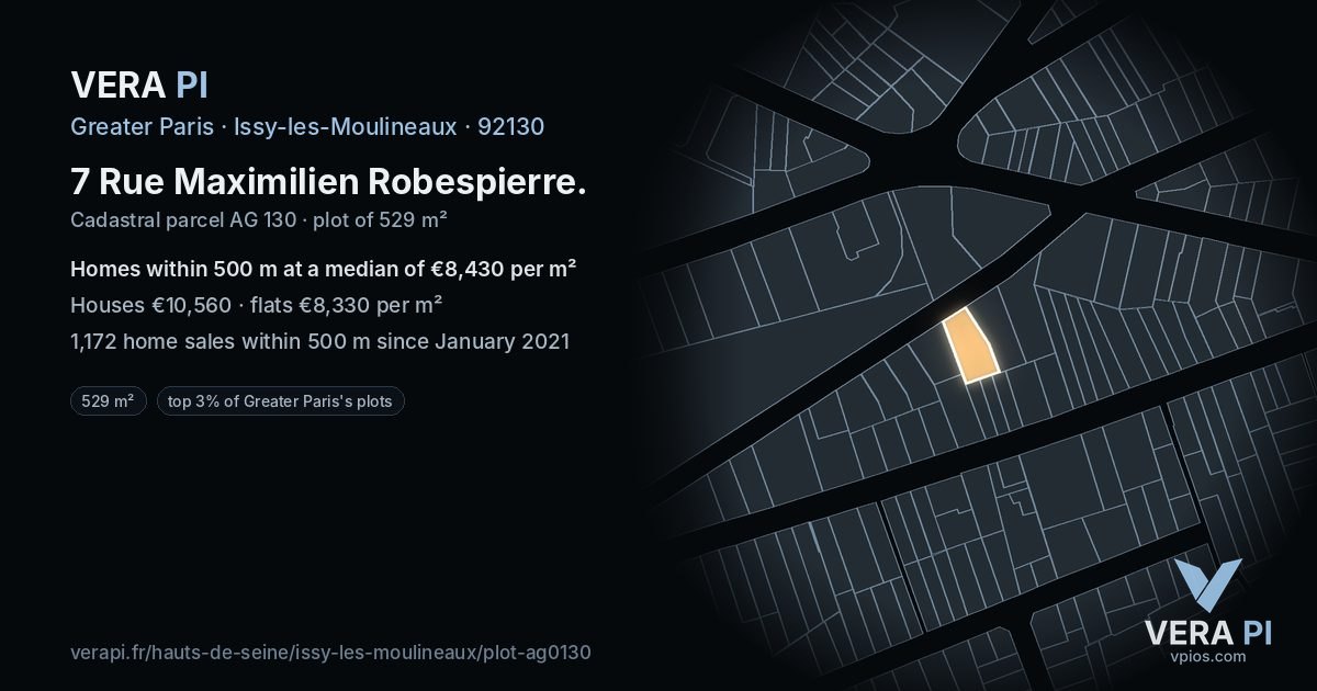 7 Rue Maximilien Robespierre, Issy-les-Moulineaux at night – the plot lit, the parcels around coloured by the prices near them