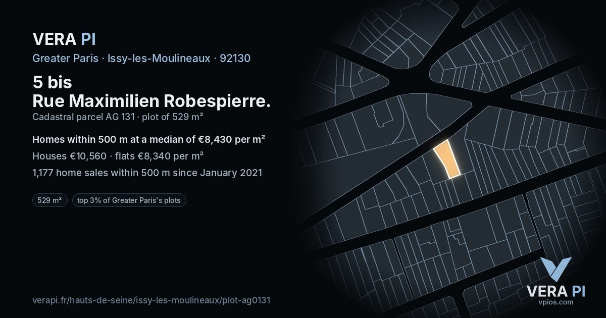 5 bis Rue Maximilien Robespierre, Issy-les-Moulineaux at night – the plot lit, the parcels around coloured by the prices near them