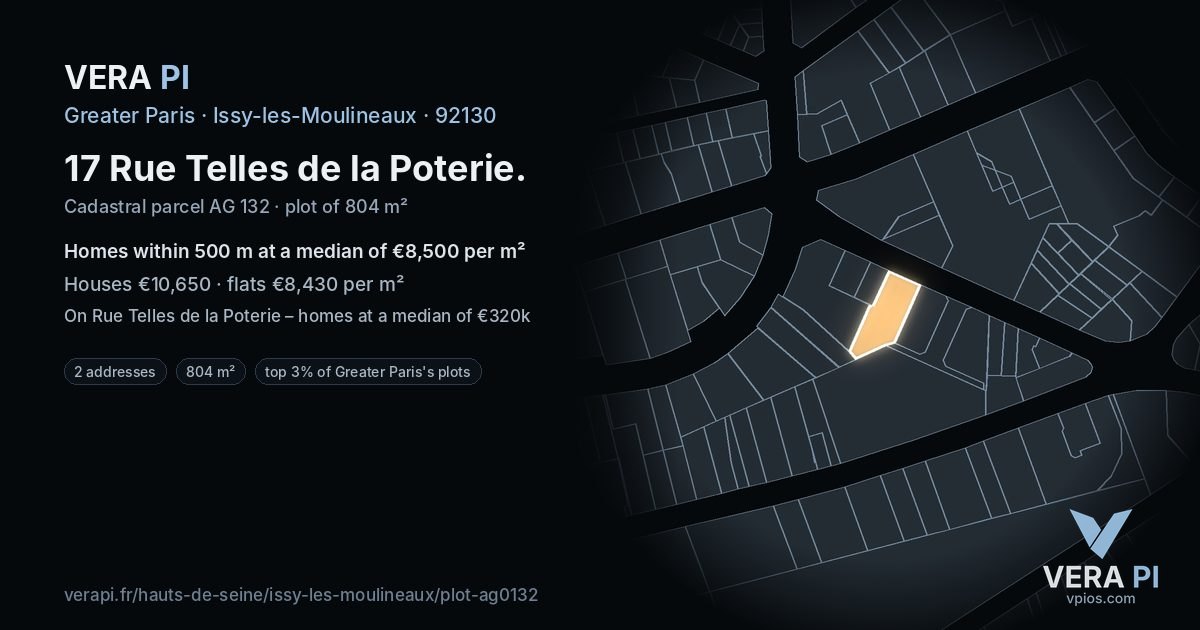 17 Rue Telles de la Poterie, Issy-les-Moulineaux at night – the plot lit, the parcels around coloured by the prices near them