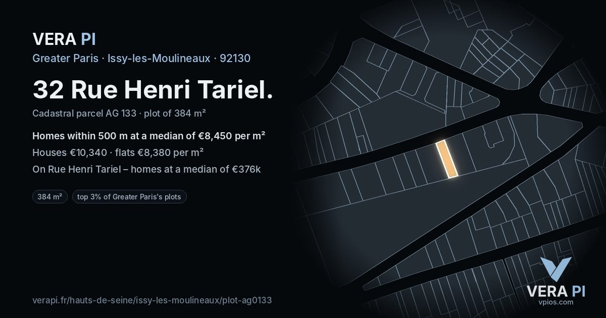 32 Rue Henri Tariel, Issy-les-Moulineaux at night – the plot lit, the parcels around coloured by the prices near them