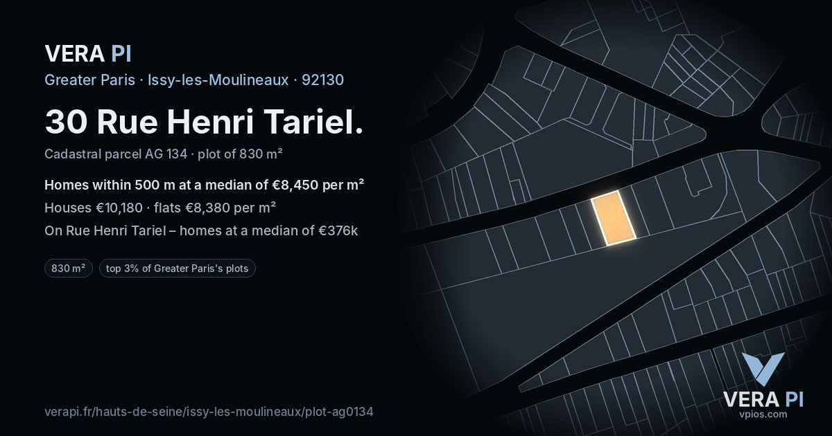 30 Rue Henri Tariel, Issy-les-Moulineaux at night – the plot lit, the parcels around coloured by the prices near them