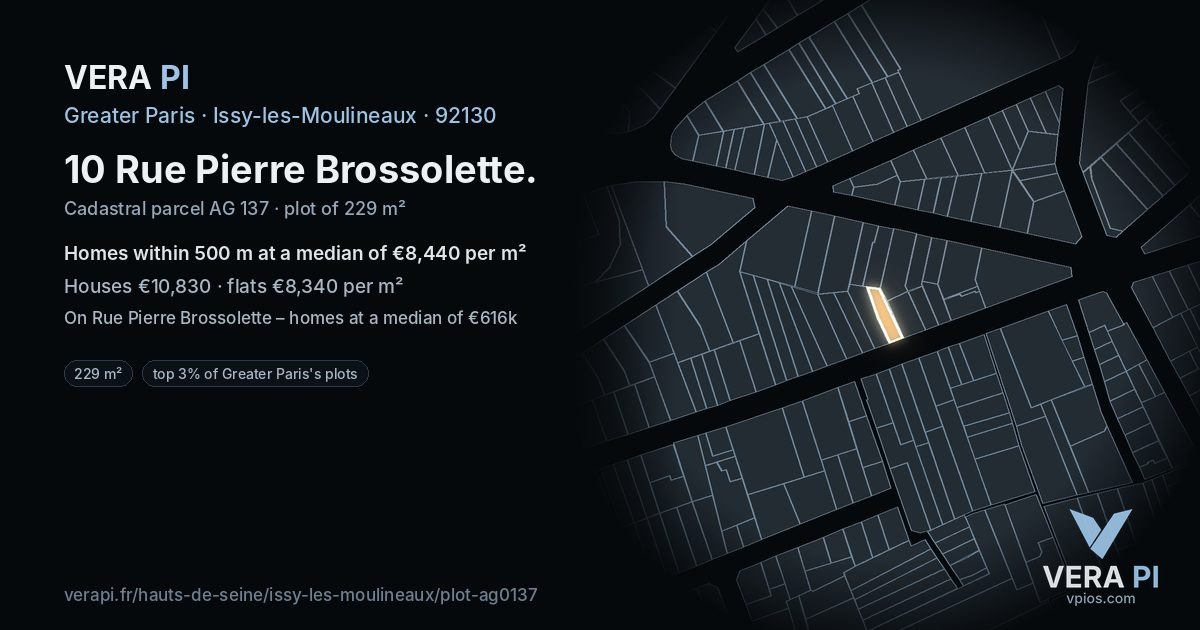 10 Rue Pierre Brossolette, Issy-les-Moulineaux at night – the plot lit, the parcels around coloured by the prices near them