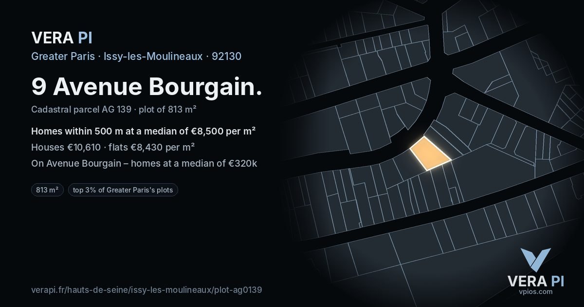 9 Avenue Bourgain, Issy-les-Moulineaux at night – the plot lit, the parcels around coloured by the prices near them