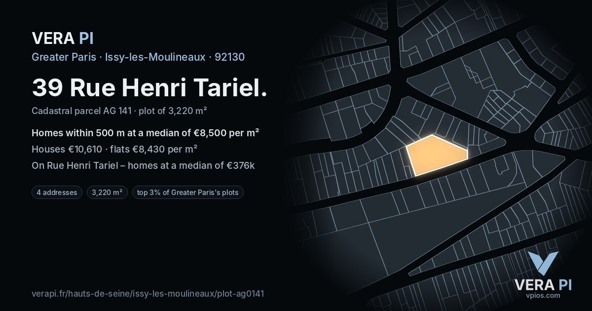 39 Rue Henri Tariel, Issy-les-Moulineaux at night – the plot lit, the parcels around coloured by the prices near them