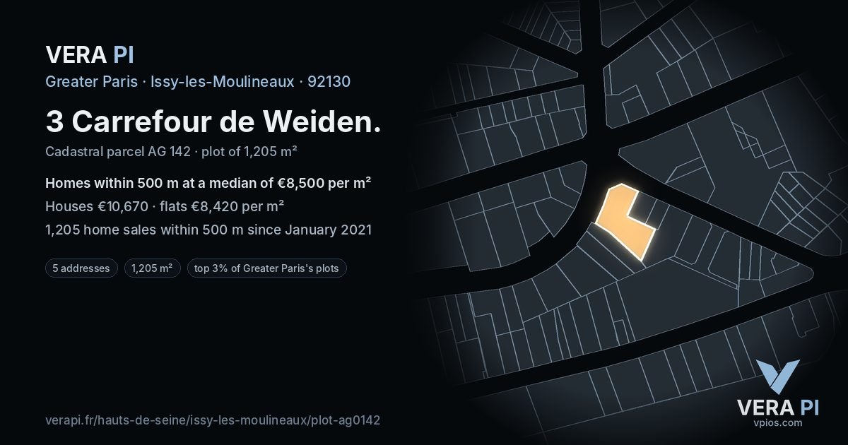 3 Carrefour de Weiden, Issy-les-Moulineaux at night – the plot lit, the parcels around coloured by the prices near them