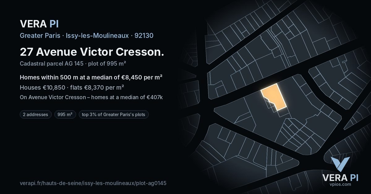 27 Avenue Victor Cresson, Issy-les-Moulineaux at night – the plot lit, the parcels around coloured by the prices near them