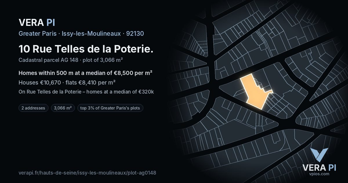 10 Rue Telles de la Poterie, Issy-les-Moulineaux at night – the plot lit, the parcels around coloured by the prices near them