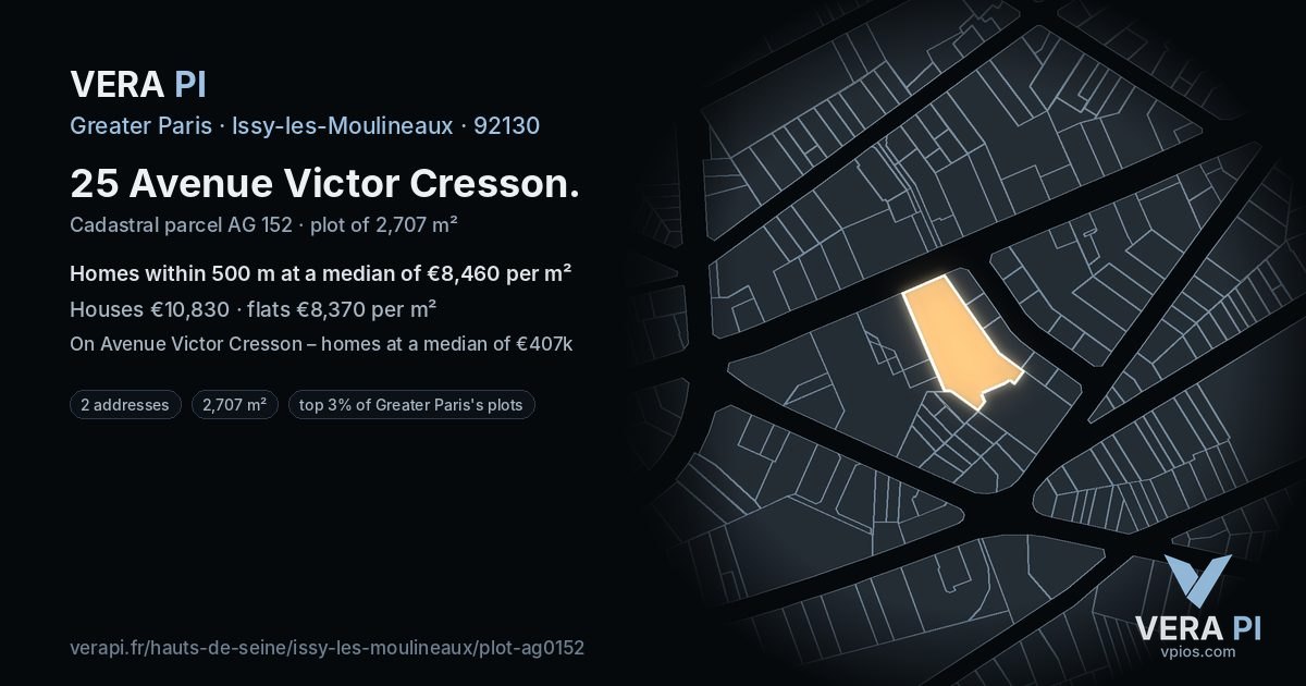 25 Avenue Victor Cresson, Issy-les-Moulineaux at night – the plot lit, the parcels around coloured by the prices near them