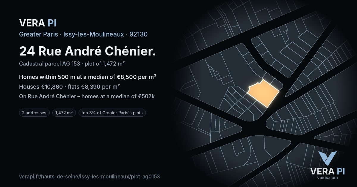 24 Rue André Chénier, Issy-les-Moulineaux at night – the plot lit, the parcels around coloured by the prices near them