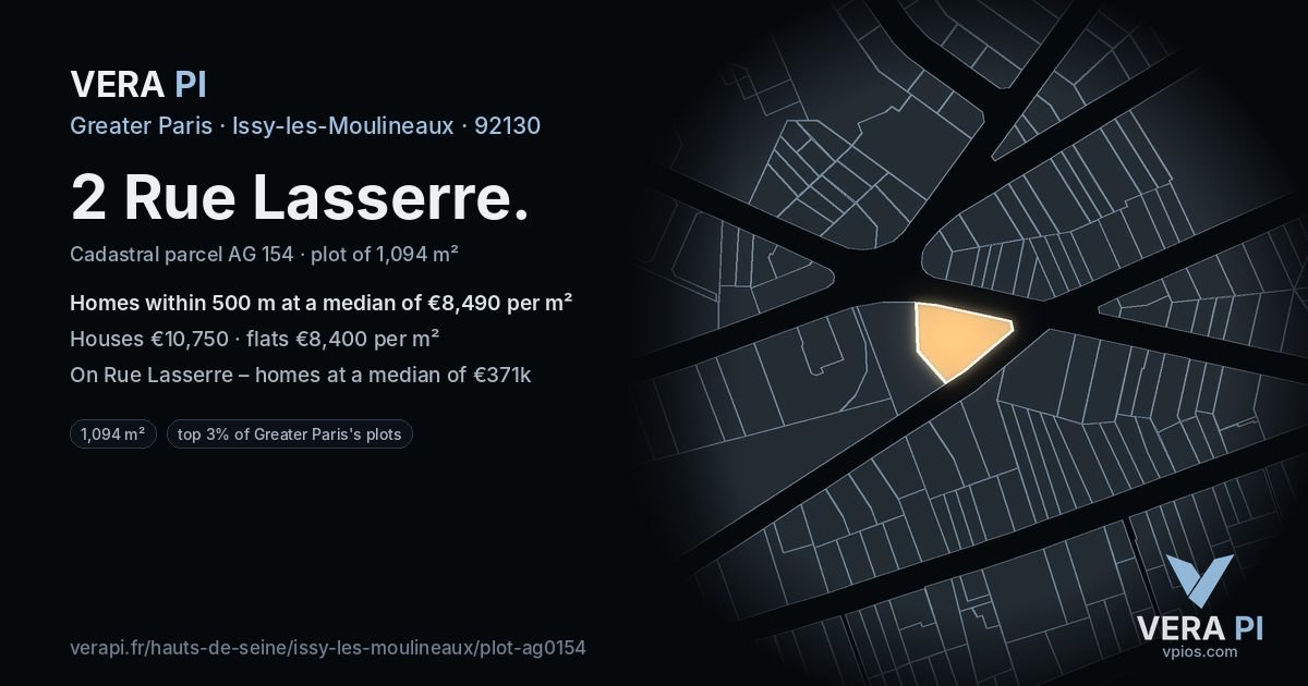 2 Rue Lasserre, Issy-les-Moulineaux at night – the plot lit, the parcels around coloured by the prices near them