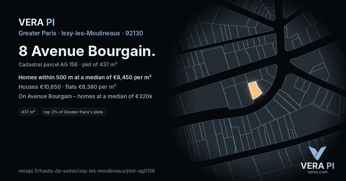 8 Avenue Bourgain, Issy-les-Moulineaux at night – the plot lit, the parcels around coloured by the prices near them