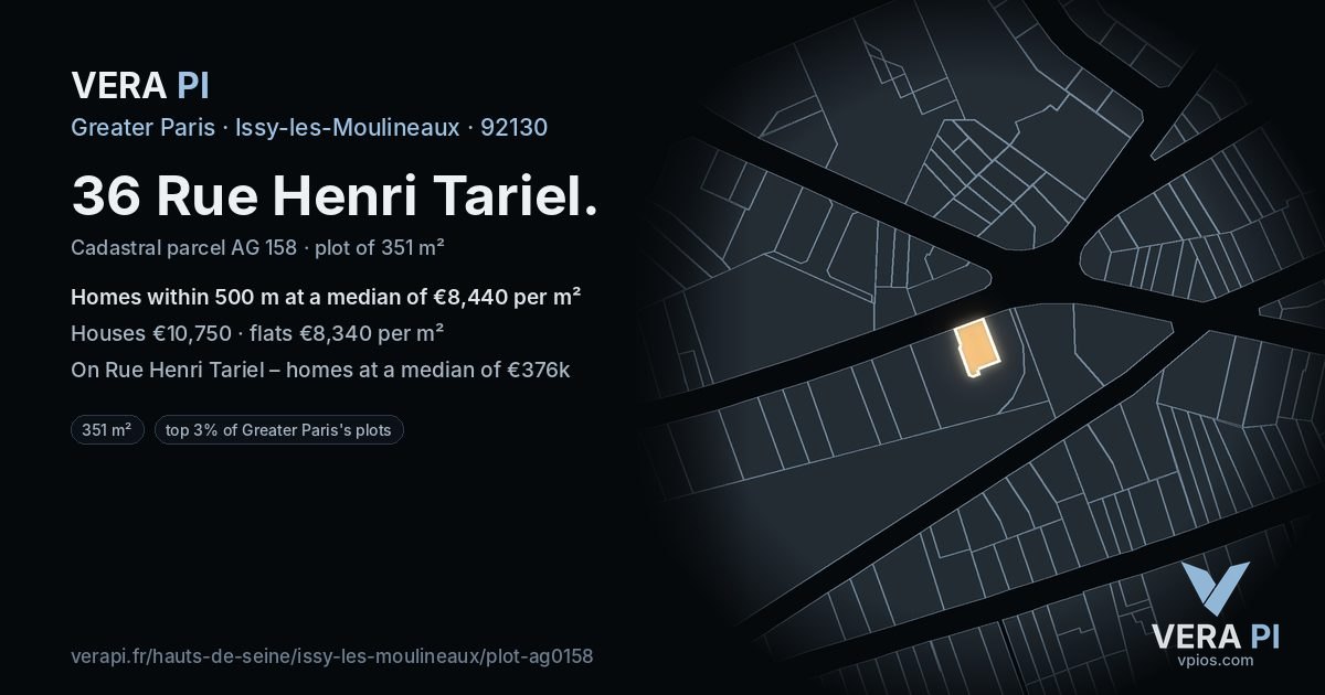36 Rue Henri Tariel, Issy-les-Moulineaux at night – the plot lit, the parcels around coloured by the prices near them