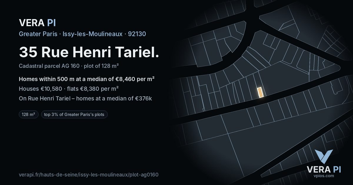 35 Rue Henri Tariel, Issy-les-Moulineaux at night – the plot lit, the parcels around coloured by the prices near them