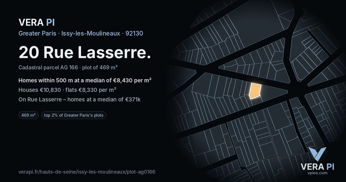 20 Rue Lasserre, Issy-les-Moulineaux at night – the plot lit, the parcels around coloured by the prices near them