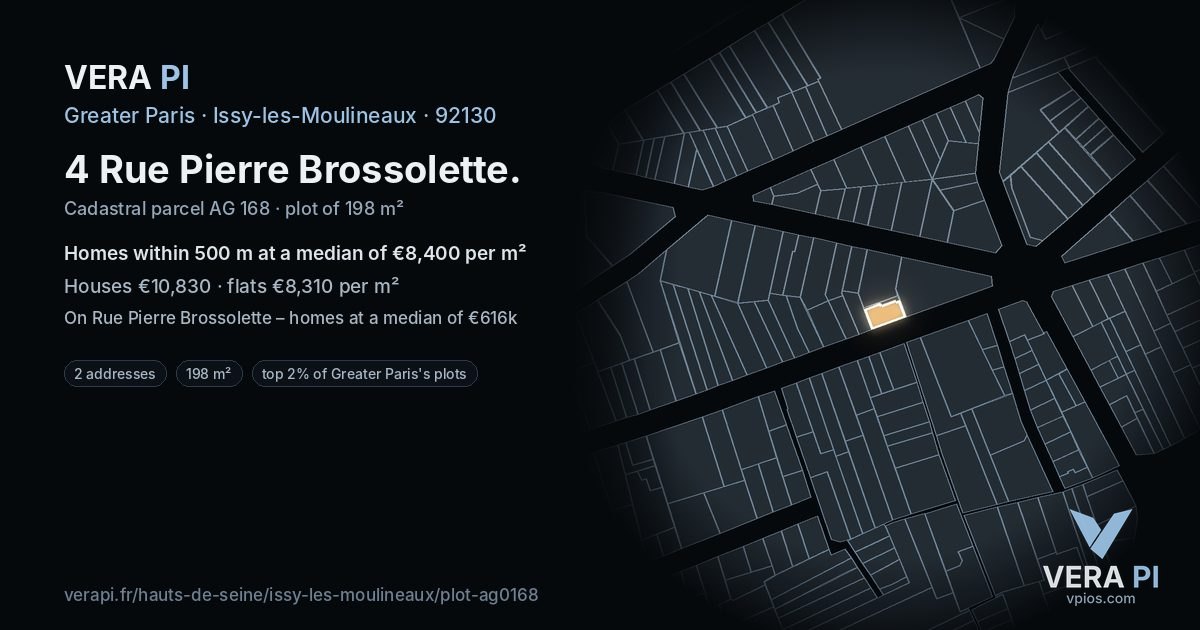 4 Rue Pierre Brossolette, Issy-les-Moulineaux at night – the plot lit, the parcels around coloured by the prices near them