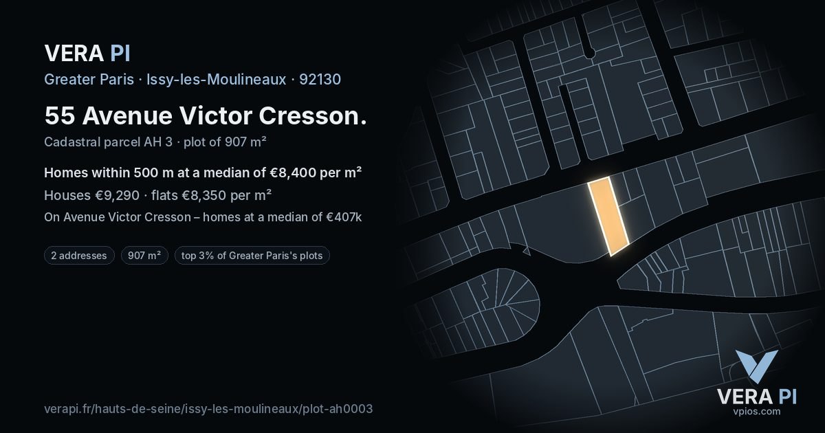 55 Avenue Victor Cresson, Issy-les-Moulineaux at night – the plot lit, the parcels around coloured by the prices near them