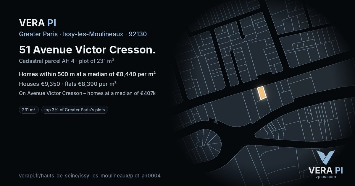 51 Avenue Victor Cresson, Issy-les-Moulineaux at night – the plot lit, the parcels around coloured by the prices near them