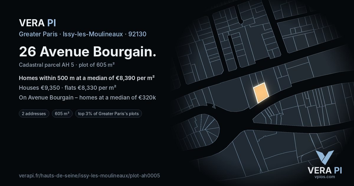 26 Avenue Bourgain, Issy-les-Moulineaux at night – the plot lit, the parcels around coloured by the prices near them