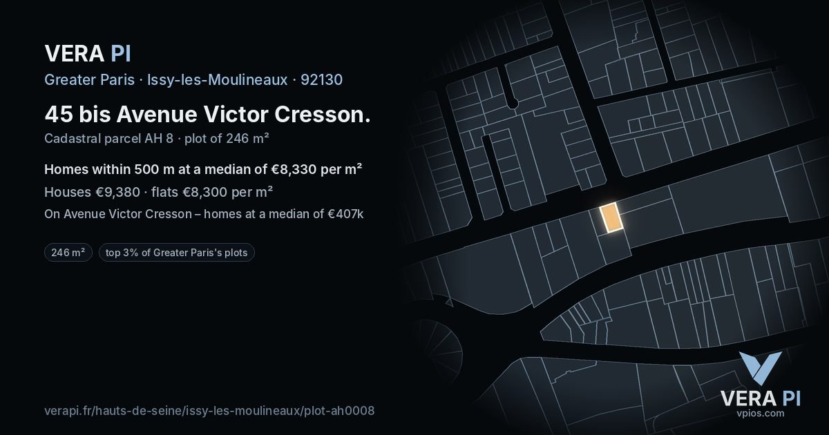 45 bis Avenue Victor Cresson, Issy-les-Moulineaux at night – the plot lit, the parcels around coloured by the prices near them