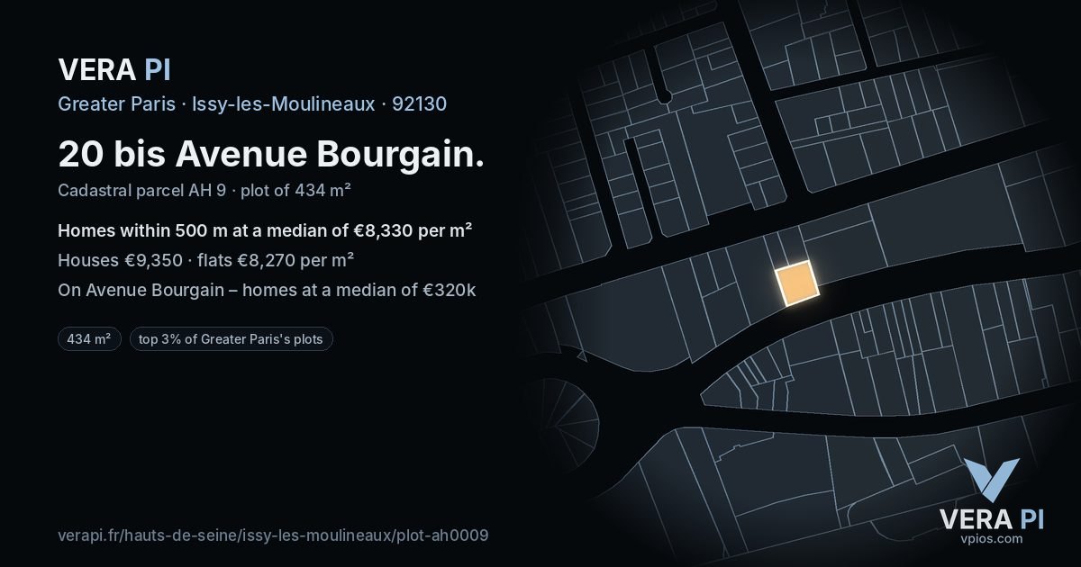 20 bis Avenue Bourgain, Issy-les-Moulineaux at night – the plot lit, the parcels around coloured by the prices near them