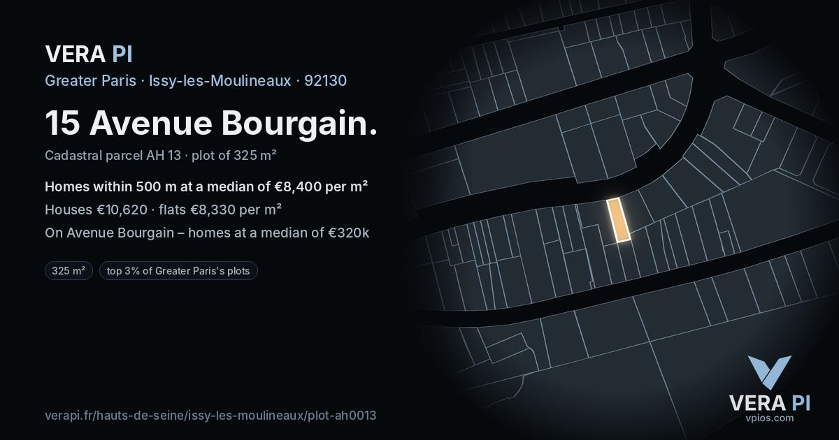 15 Avenue Bourgain, Issy-les-Moulineaux at night – the plot lit, the parcels around coloured by the prices near them
