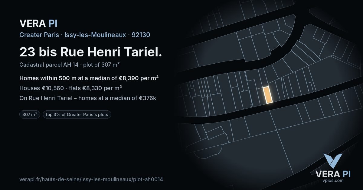 23 bis Rue Henri Tariel, Issy-les-Moulineaux at night – the plot lit, the parcels around coloured by the prices near them