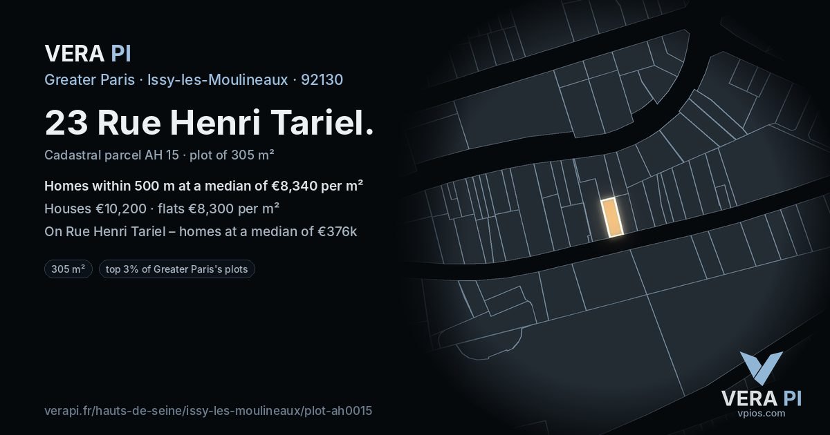 23 Rue Henri Tariel, Issy-les-Moulineaux at night – the plot lit, the parcels around coloured by the prices near them