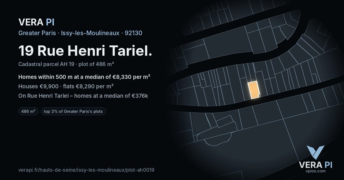 19 Rue Henri Tariel, Issy-les-Moulineaux at night – the plot lit, the parcels around coloured by the prices near them