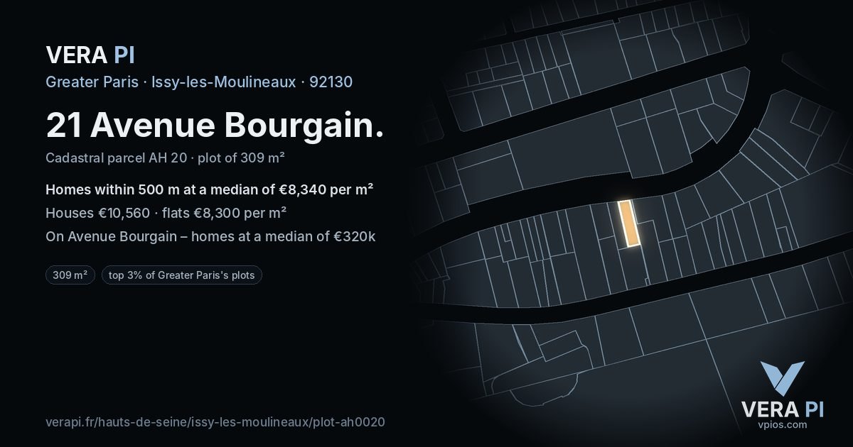 21 Avenue Bourgain, Issy-les-Moulineaux at night – the plot lit, the parcels around coloured by the prices near them